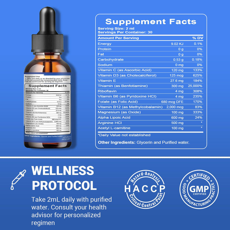 Alpha Lipoic Acid 600mg Liquid Drops for Neuropathy, Advanced 12-in-1 Stabilized R-ALA Supplement w. Benfotiamine Acetyl L-Carnitine Vitamin C E for Antioxidant Nerve Brain Energy Health