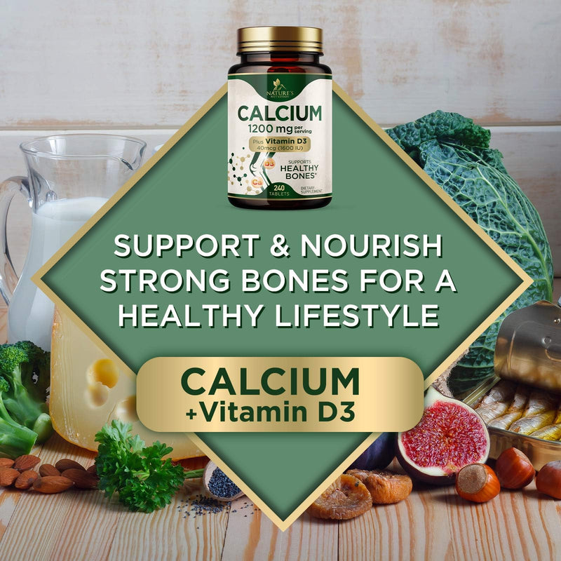 [Australia] - Calcium 1200 mg with Vitamin D3, Calcium Supplement Vitamins, Supports Bone Strength, Teeth & Immune System, Calcium Supplements for Women & Men, Nature's Absorbable Calcium Carbonate - 240 Tablets 240 Count (Pack of 1) 