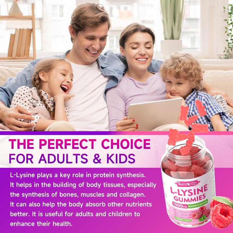 MEENCCD 2 Pack L-Lysine 1000mg Gummies, Lysine Supplement for Adults & Kids, Essential Amino Acid Supplement Supports Collagen Formation, Sugar-Free, Raspberry Flavor, 120 Count 60 Count (Pack of 2)