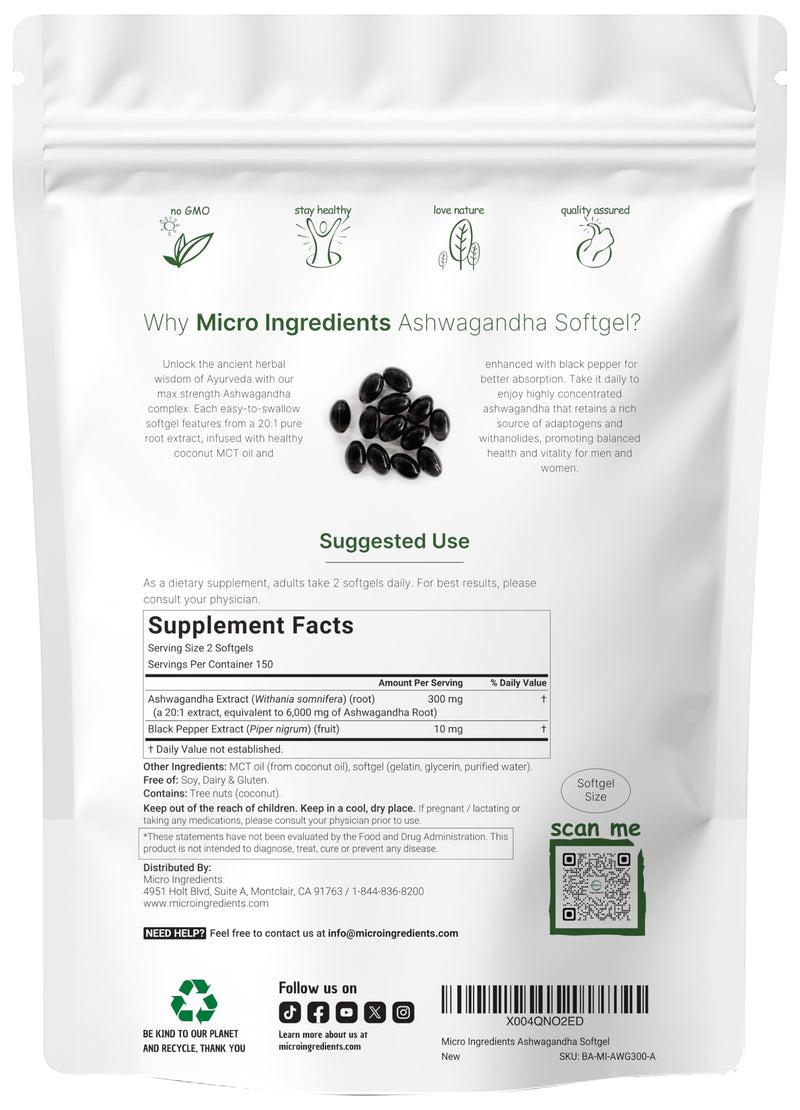 [Australia] - Ashwagandha Supplements 6,000mg Per Serving | 300 Coconut MCT Oil Softgels with Black Pepper for Better Absorption | Potent Root Extract | Natural Herbal Support for Relaxation | Non-GMO 