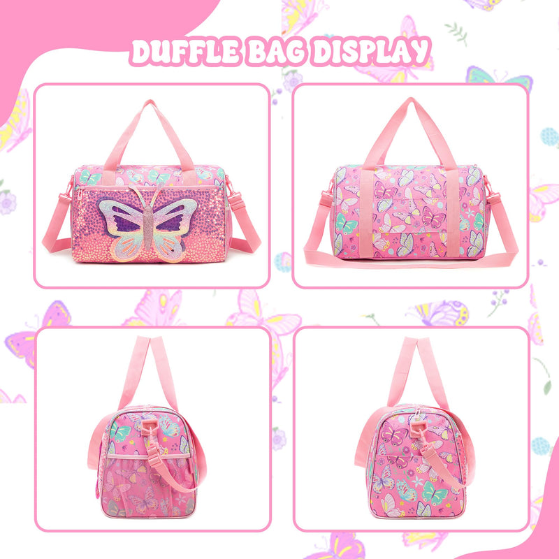 Butterfly Kids Duffle Bag Girls Ballet Dance Bag Overnight Travel Bags for Girls Sports Gymnastics Bags for Kids with Shoe Compartment Pink Butterfly