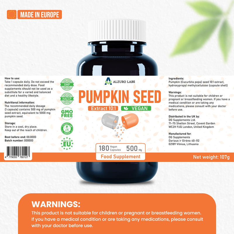 Pumpkin Seed | 5,000mg Equivalent | 500mg 10:1 Whole Seed Extract, Not Oil | 180 Vegan Capsules | 6-Month Supply | Cucurbita Pepo | GMP & 3rd Party Lab Tested