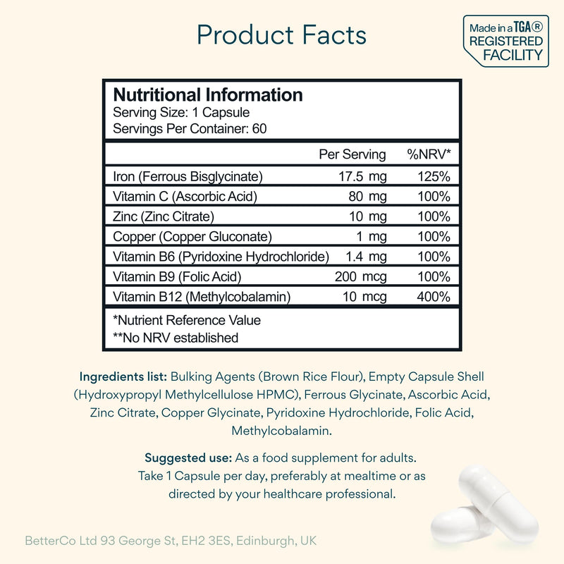 Bettervits Iron Tablets High Strength | Iron Supplements for Women and Men - Ferrous Bisglycinate Formulation | Active Vitamins C, B6, B9, B12, Zinc, Copper | Energy and Vitality - 60 Capsules