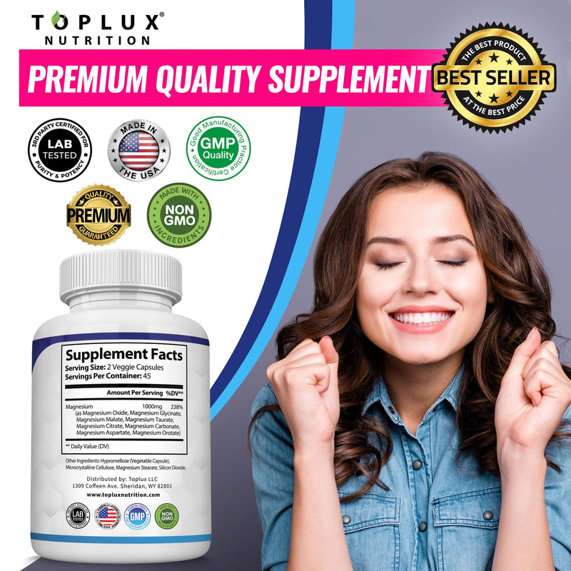 Magnesium Complex Supplement 8 Elemental 1000mg - Magnesium Glycinate, Citrate, Malate, Taurate, Chelated for Easy Absorption for Bones, Muscle, Recovery, Energy, Vegan Non-GMO 90 Capsules