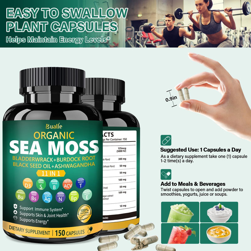 Sea Moss Capsules 11-in-1 for Energy Boost, Vegan | With Vitamin D3, ashwagandha, black seed, mineral complex, bladderwrack, and burdock root for daily wellness 150 Count