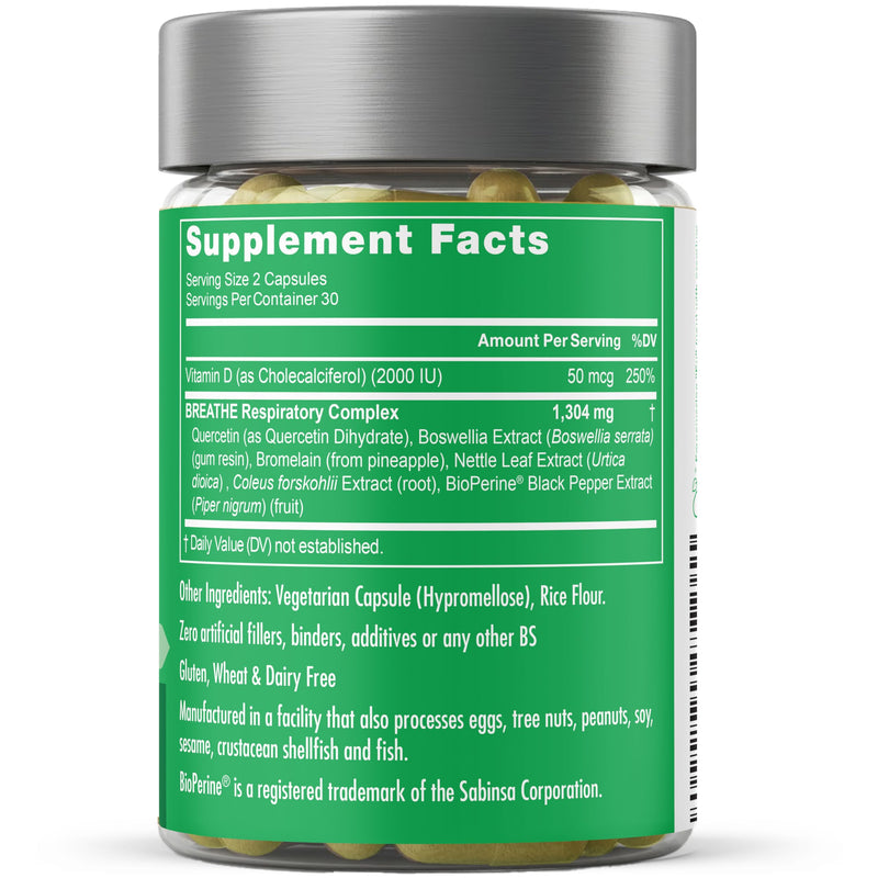 Breathe Inhaler Support Supplement - Sinus, Lungs, Open & Clear Airways - Seasonal Nasal Health, Bronchial Wellness, Healthy Chest - Quercetin, Vitamin D, Bromelain Pills - 60 Vegetarian Soft Capsules 60 Count (Pack of 1)