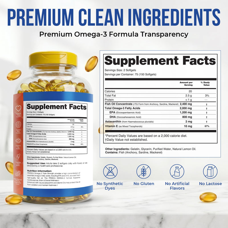 Triple Strength Omega 3 Fish Oil 2400mg w/Astaxanthin 150 Softgels | rTG form 1200mg EPA + 800mg DHA | Vitamin E — Lemon flavor Wild‑caught, Burpless | Supports heart brain & joints | 75 serving