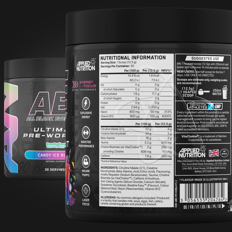 Applied Nutrition ABE Pre Workout - All Black Everything Pre Workout Powder, Energy & Physical Performance with Citrulline, Creatine, Beta Alanine (375g - 30 Servings) (Candy Ice Blast) Candy Ice Blast