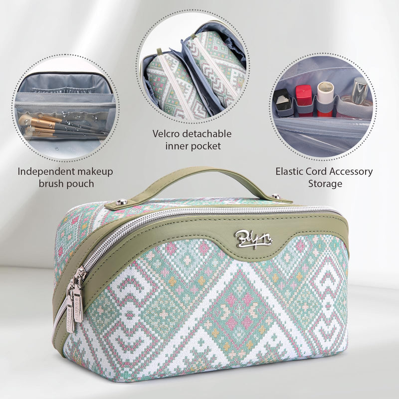 BOYATU Travel Makeup Bag Organizer: Boho Large Capacity Cosmetic Bag Sets | 3Pcs Waterproof Leather Toiletry Bags | 180°Open Flat Make up Case with Compartments | Western Travel Essentials for Women 17-Mint Green
