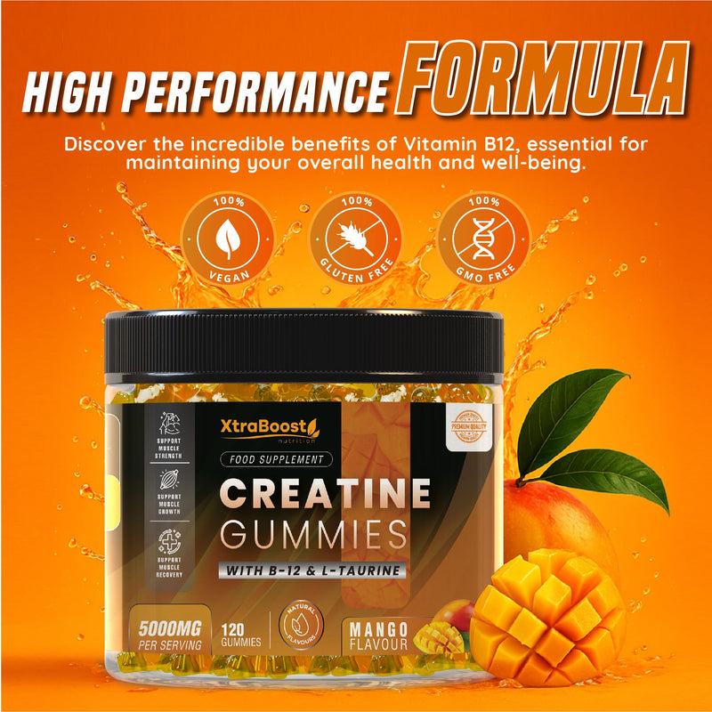 Creatine Gummies 5000mg Max Strength Creatine Monohydrate + B12 & L-Taurine – Build Muscle, Boost Energy & Speed Recovery – Mango Pre Workout for Men & Women – 120 Vegan Gummies | 30 Day Supply 120 count (Pack of 1)