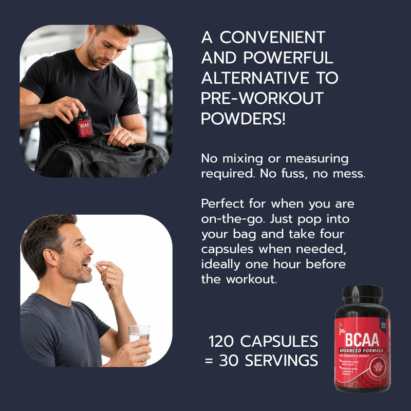 BCAA Pre Workout Tablets, 30 Servings - Energy, Muscle Strength, Recovery | Performance Training Boost, Alternative to Preworkout Powder | Gym Supplement for Men Women | 3000mg Amino Acids per Serving