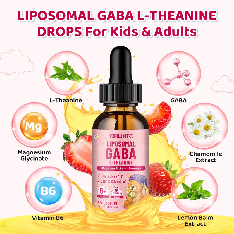 2 Pack Liposomal GABA L-Theanine Drops for Kids - Liquid GABA Supplement with Magnesium, Chamomile, Lemon Balm & Vitamin B6 - Support Relaxation, Focus & Stress Relief for Kids & Adults - Strawberry 2 Fl Oz (Pack of 2)
