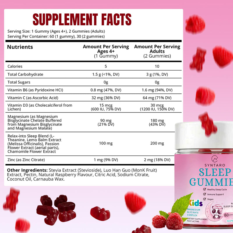Sleep Gummies for Adults & Kids – Natural Sleep Gummies with Magnesium Glycinate Complex, Raspberry Flavor Sleep Supplement for Healthy Sleep Cycle & Immune Support, 60 Gummies