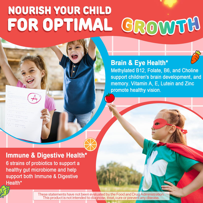 Kids Multivitamin Gummies + Calcium D3 K2, Probiotics, Vitamins for Kids 4+ | Methylated B12 & Methylfolate, Vitamin A, C, B6, E, Zinc, Magnesium for Immunity, Bone, Growth, Energy, Sugar Free, 60 Cts 60 Count (Pack of 1)