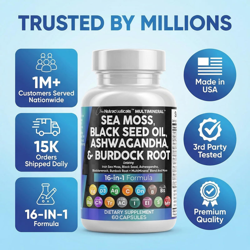 Clean Nutraceuticals Sea Moss Black Seed Oil Ashwagandha Turmeric Bladderwrack Burdock & Vitamin C Vitamin D3 with Elderberry Manuka Dandelion Yellow Dock Iodine Chlorophyll ACV 60 Count (Pack of 1)