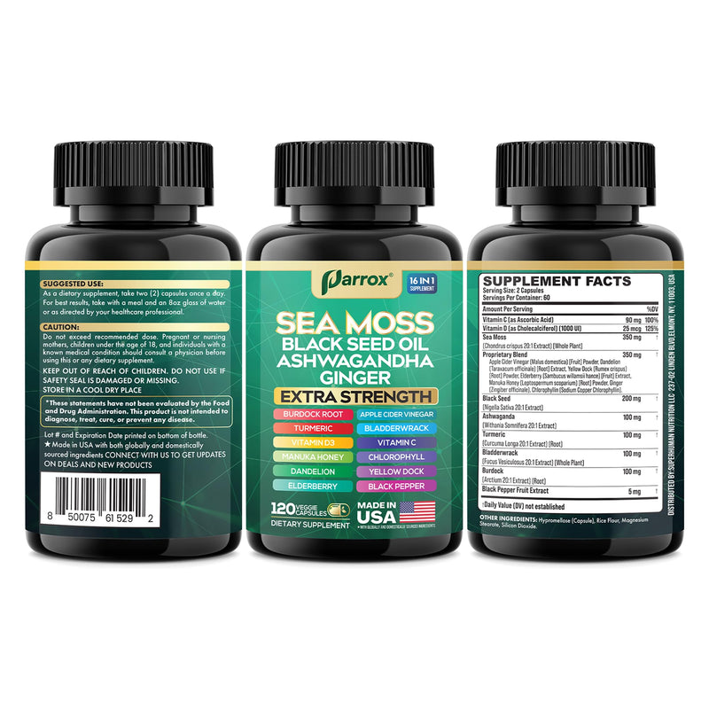 Sea Moss Black Seed Oil Supplement, 16-in-1 Ashwagandha, 120 Capsules | Ashwagandha, Turmeric, Chlorophyll, Dandelion, Ginger, Vitamins D3 & C, Elderberry, ACV, Burdock, Manuka 120 Count (Pack of 1)