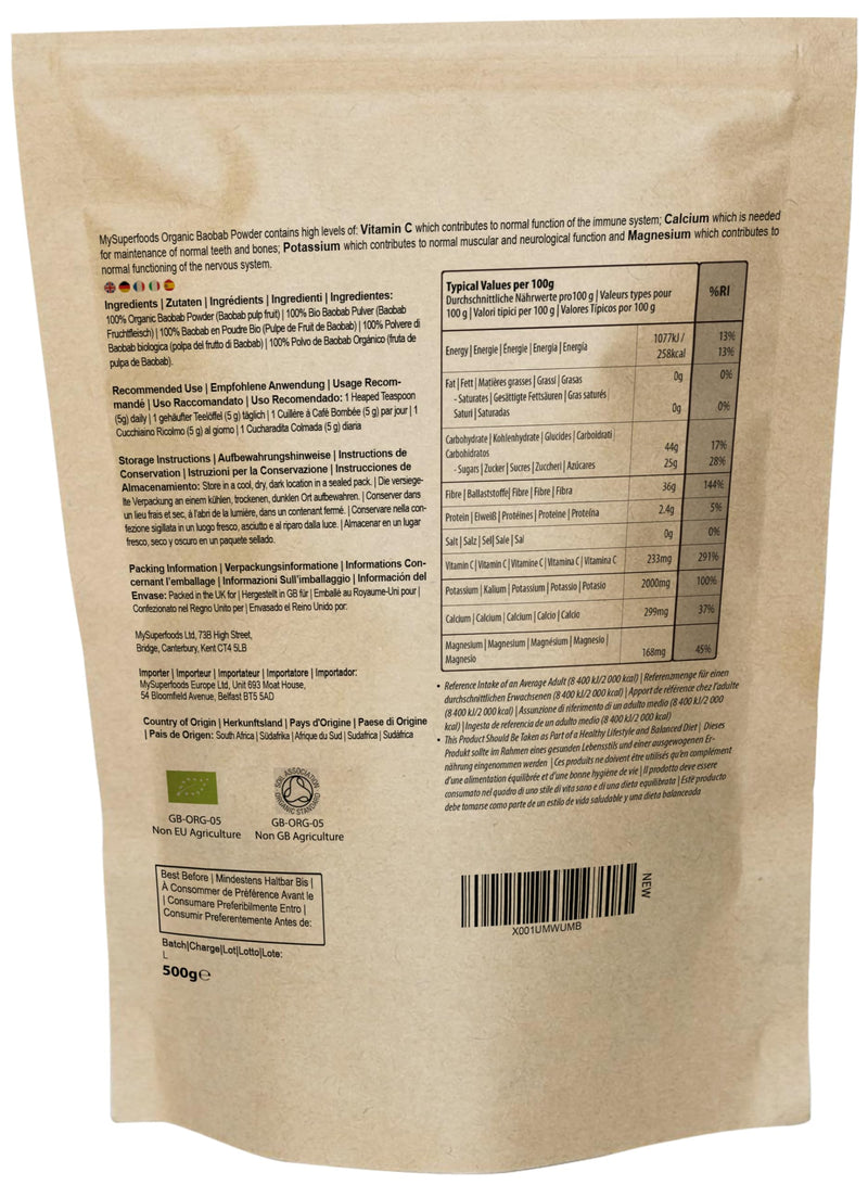 MySuperfoods Organic Baobab Powder 500g | Immune Support | Gut Health & Blood Sugar Control 500 g (Pack of 1)