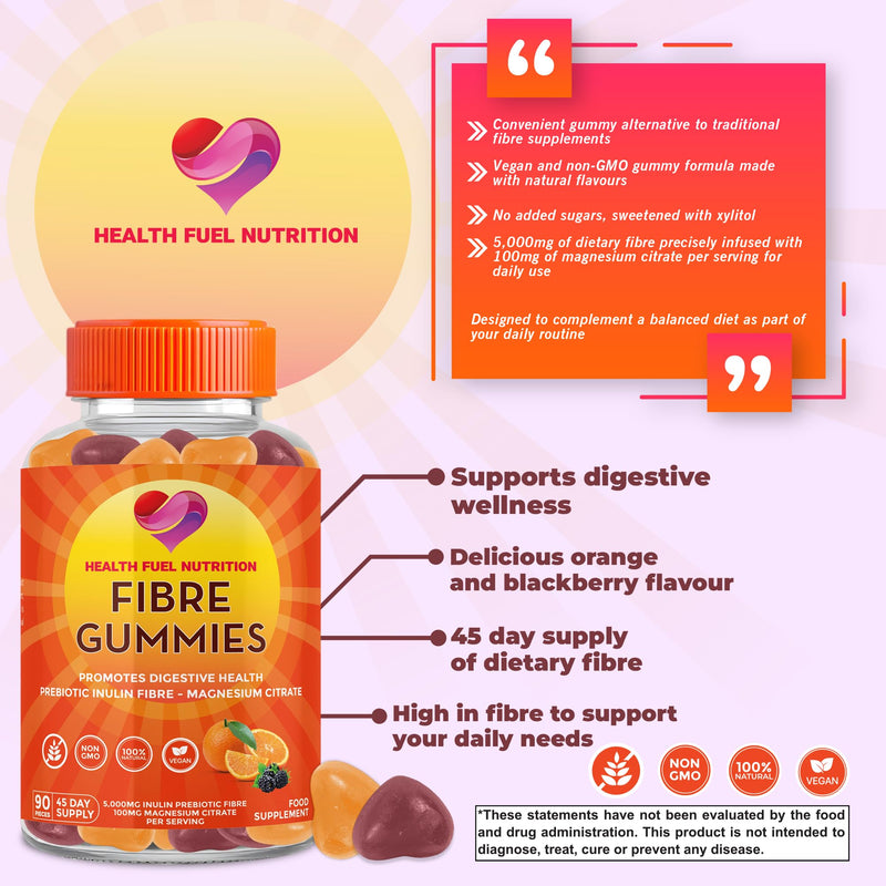 Inulin Fibre Gummies - (90 per Bottle - 45 Day Supply) 5,000mg Inulin 100mg Magnesium Citrate Per Serving - Fiber Gummies - Fibre Supplement - Fiber Supplement - Gut Health