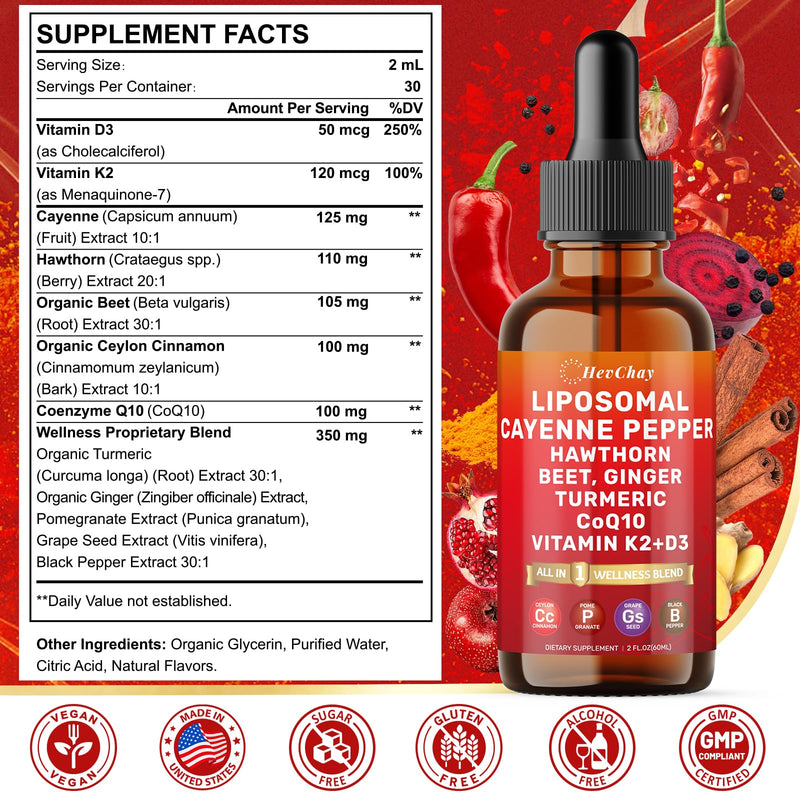 [Australia] - Cayenne Pepper Drops Liposomal Supplement Liquid + Hawthorn Berry, Vitamin D3 K2 Beet Root Powder, Ceylon Cinnamon, CoQ10, Turmeric Curcumin, Cayenne Pepper Extract - 2oz 2 Fl Oz (Pack of 1) 