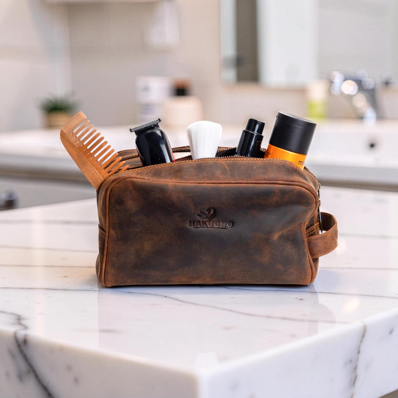 Full Grain Leather Toiletry Bag for Men & Women Travel Pouch, mens Shaving Kit travel bag Organizer with YKK Zipper, Spacious Bathroom Grooming Waterproof Lining dopp kits (Tan Brown) TAN BROWN 1