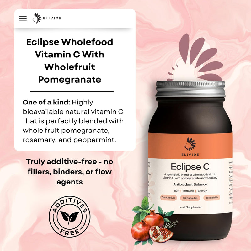 Eclipse Wholefood Vitamin C | with Wholefruit Pomegranate | 100% Additive Free | Natural & Rich in Bioflavanoids | 90 Capsules | UK Made | Immune & Skin Support | Glass Jar