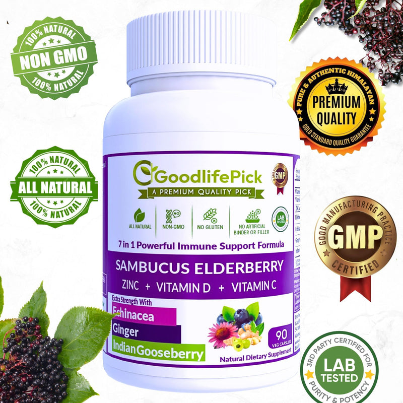 7 in 1 Elderberry with ZINC, Vitamin C, Vitamin D, Echinacea, Ginger & Indian Gooseberry (Amla).Premium Elderberry Capsules 90 ct, All Natural,Non-GMO,Vegan,No Rice Powder, No-Gluten 90 Count (Pack of 1)