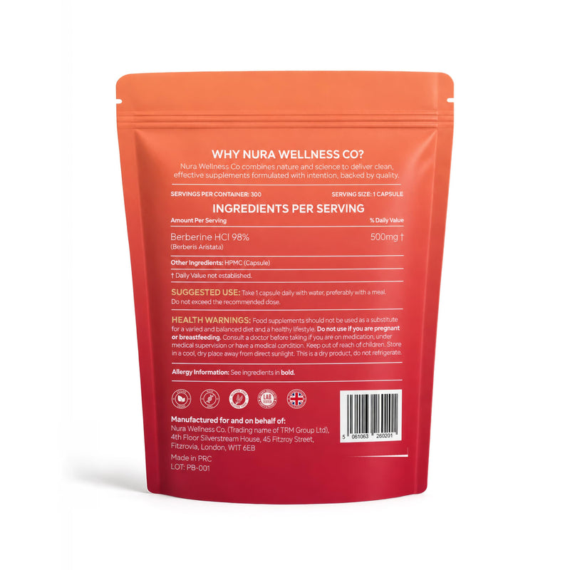 Berberine Capsules 500mg - 98% Pure Berberine HCL from Berberis Aristata - High Strength Supplement - 300 Vegan Capsules (10 Month Supply) (Not Berberine Gummies or Liquid)