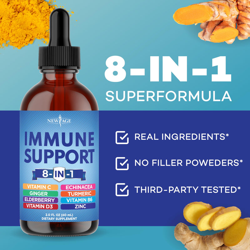 NEW AGE 8-in-1 Immune Support Liquid Drops – Elderberry, Turmeric Curcumin, Echinacea, Ginger, Vitamins C & D3, Zinc & B6 – Fast-Absorbing Immune & Antioxidant Support – Vegan, Non-GMO – 2 oz 2 Fl Oz (Pack of 1)
