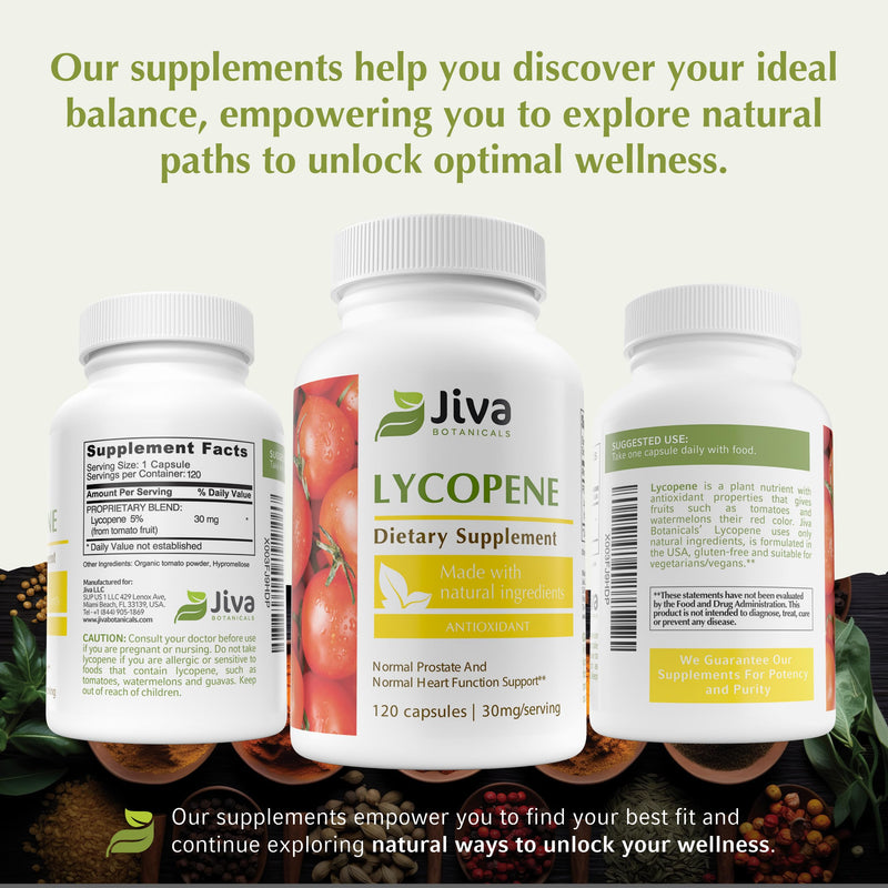 [Australia] - Jiva Botanicals Lycopene Supplement 30mg - Antioxidant Support for Normal Prostate and Heart Health Support - Lycopene from Tomato Extract - Made in The USA - Non GMO, Vegan - 120 Capsules 1 Count (Pack of 120) 