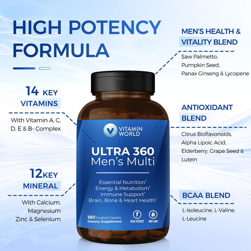 Vitamin World Ultra 360 Multivitamin for Men, Energy & Performance Support | Men's Multivitamin with Herbs & Antioxidants, Vitamins A, C, D, E & B12 plus Zinc for Immune Support, 180 Caplets