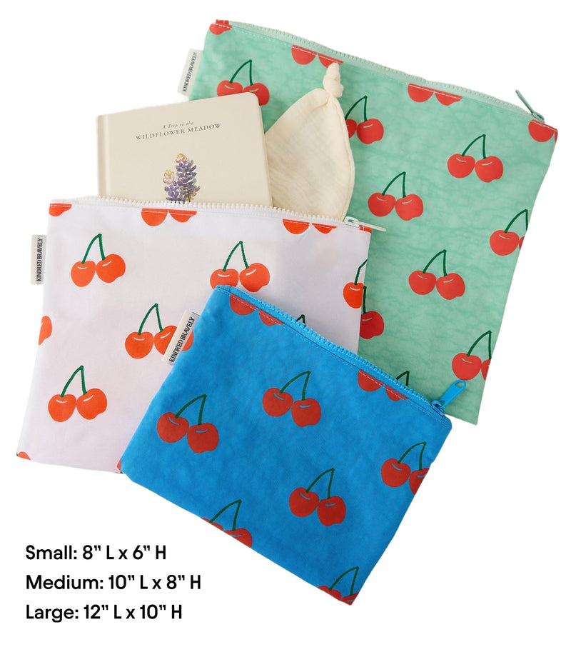 Zipper Pouch 3 Piece Set Diaper Bag Organizer for Baby Essentials | Stand up gusseted nylon pouches that fold flat when empty. Reusable on the go travel storage for snacks clothes toys and more Cherries