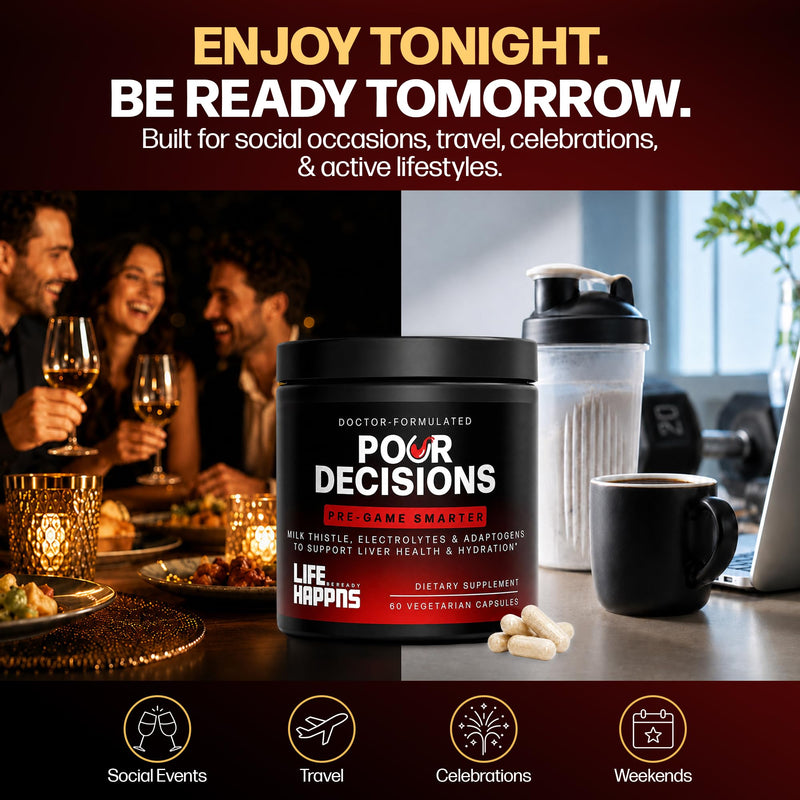 Pour Decisions Alcohol Support Supplement for Adults with Milk Thistle, Potassium, Vitamin B6 & Schisandra – Doctor Formulated Next-Day Wellness, Hydration, Liver Health & Antioxidant Support – 60 ct
