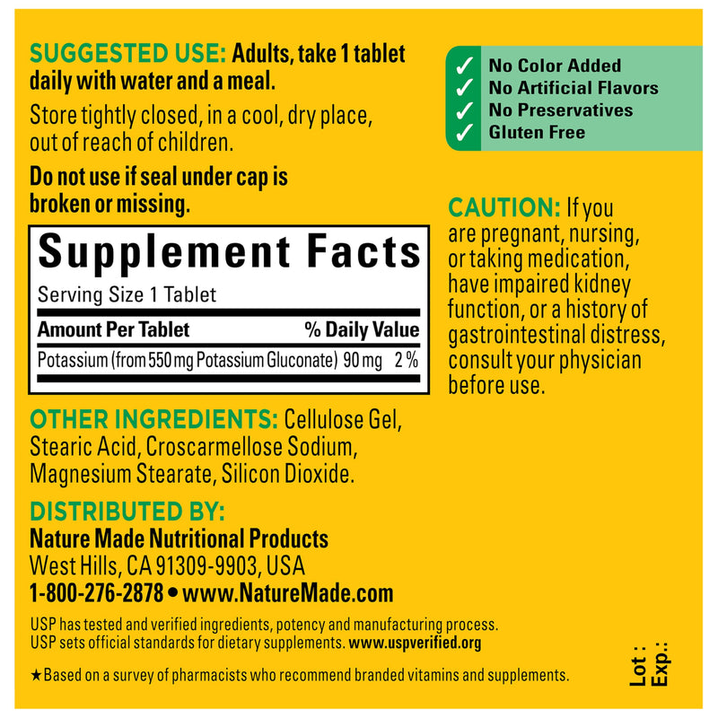 Nature Made Potassium Gluconate 550 mg, Potassium Supplements, 100 Tablets | Dietary Supplement for Nerve, Muscle and Heart Function Support, Helps Support Fluid Balance, Gluten Free, 100 Day Supply 100 Count (Pack of 1)