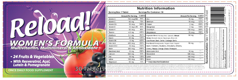 Reload! for Women Formula | Women’s Daily Multivitamin with 24 Fruits & Vegetables, Resveratrol & Biotin | Energy, Immunity & Hair, Skin & Nails Support | 30 Tablets