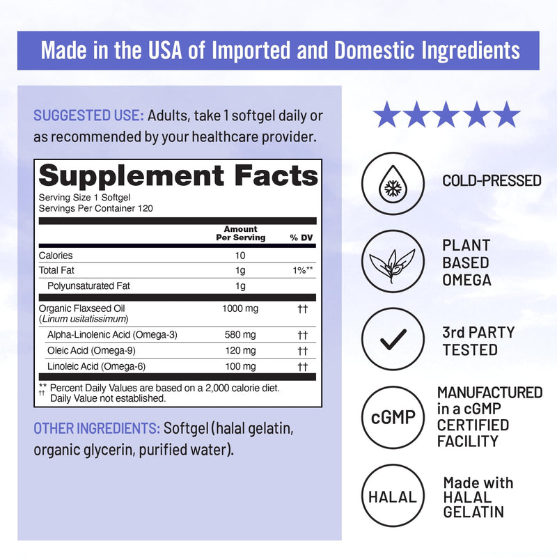 [Australia] - NatureWise Flaxseed Oil 1000 mg, Fish Free Omega 3 with 580 mg ALA, Dietary Supplement for Immune Health Support - Organic, Cold Pressed, Non-GMO - 120 Softgels[120-Day Supply] 