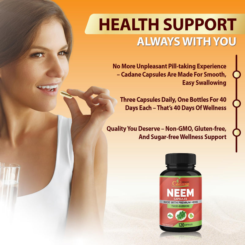 [Australia] - Organic Cadane Neem Leaf Supplements Capsules with Holy Basil Tulsi, Guduchi, 120 Vegetable Capsules | Supports Immune System | Fresh Powder Leaves Herbs 