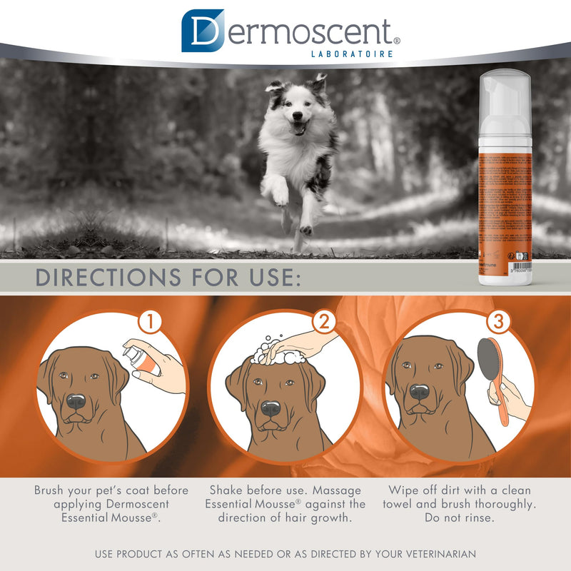 Dermoscent Essential Mousse - Dry Shampoo for Dogs & Small Mammals - Rinse Free Foam to Cleanse Skin & Coat - Odour Control for Smelly Pets - Soap Free - 150ml - PawsPlanet Australia