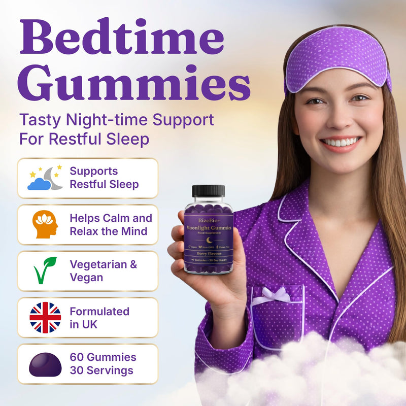 Bedtime Gummies for Adults - L- Theanine, Magnesium, Valerian Root & Passion Flower - Supports Relaxation & Sleep Support - Vegan - 60 Gummies (30 Servings)