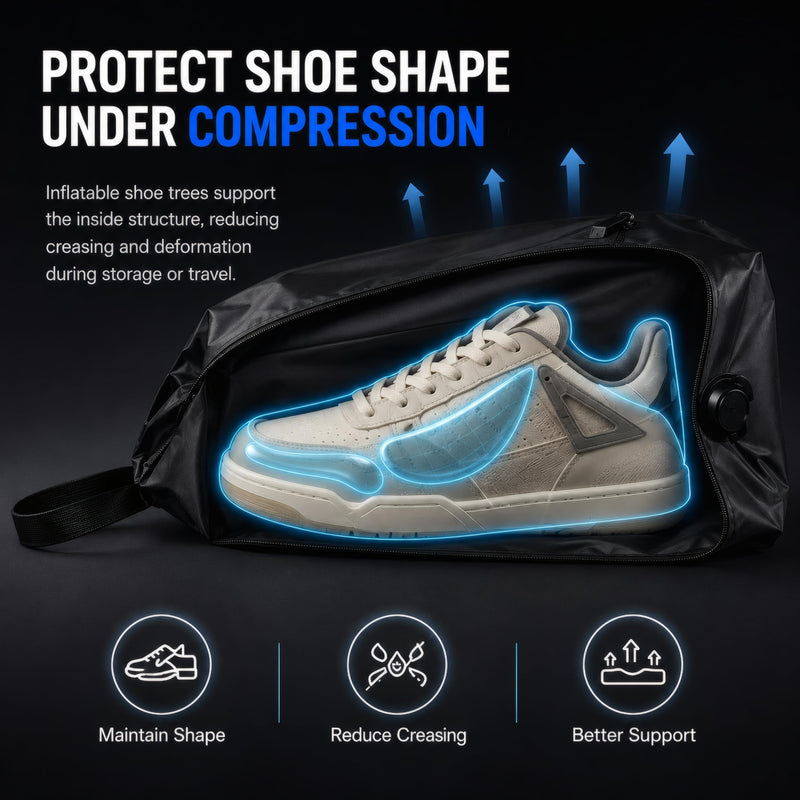 LIL SUB Travel Vacuum Compression Shoe Bags with Inflatable Shoe Trees, Space Saving Shoe Storage Bags, Built-In Hand Pump & Air Pump Compatible Shoe Organizer, Mixed Set: 1 Compression + 1 Regular Black