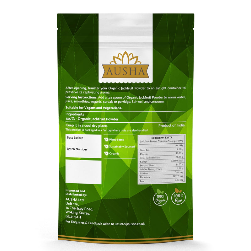 Ausha Organic Green Jackfruit Powder 250g - UK Certified Organic by Soil Association - Gut Health, Fibre, Gluten Free - Add to Cereals, Smoothies, Juices, Porridge, Baking Organic Jackfruit Powder 250g