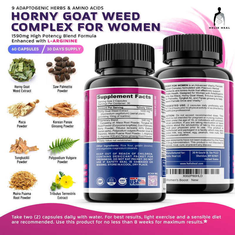 [Australia] - Female Libido Booster for Women - Energy Booster w. Hornygoatweed for Women, Maca Root - Tribulus - Ginseng & L-Arginine - Hormone Balance for Women - 30 Day Supply (60ct), Made-in-USA 