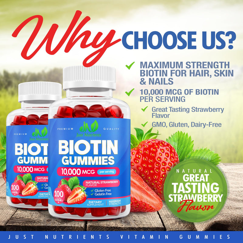 Biotin 10,000mcg Gummies for Hair Growth, Skin & Nails (100 Count) | 2x Maximum Strength Biotin Vitamins for Women & Men - Gluten-Free, Vegan, Great Tasting Strawberry Flavor 100 Count (Pack of 1)