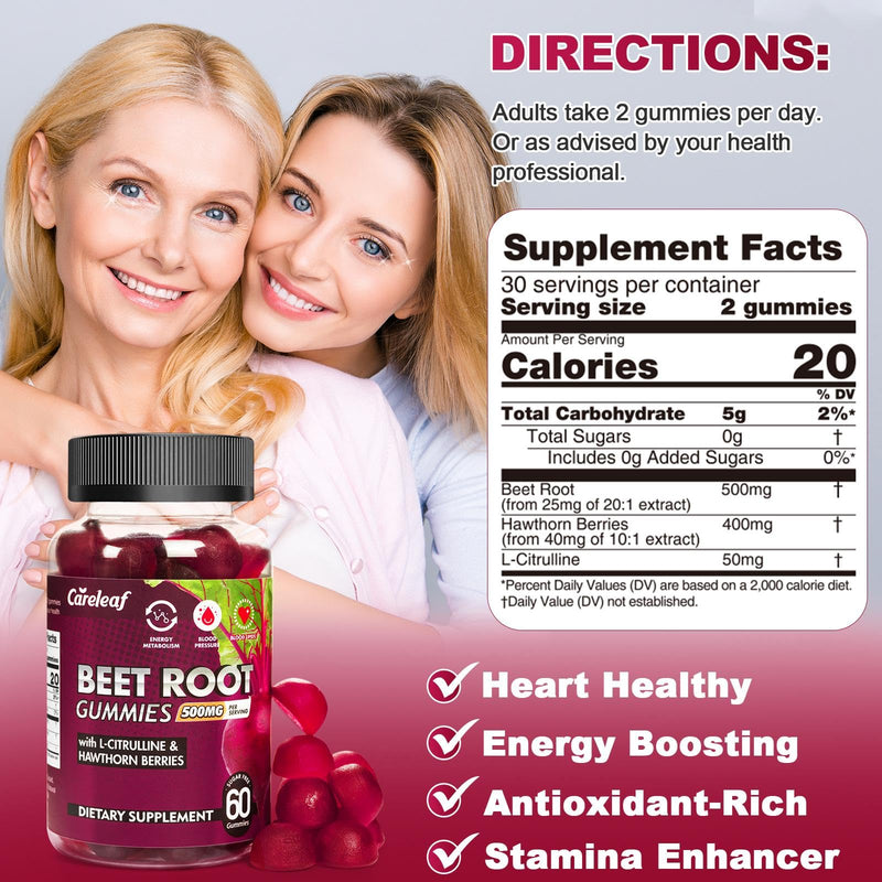 [Australia] - Sugar Free Vegan Beet Root Gummies for Blood Pressure, Beetroot Gummies with L-Citrulline and Hawthorn Extract, Peach Flavor Beet Chews for High Blood Pressure, 60 Count 