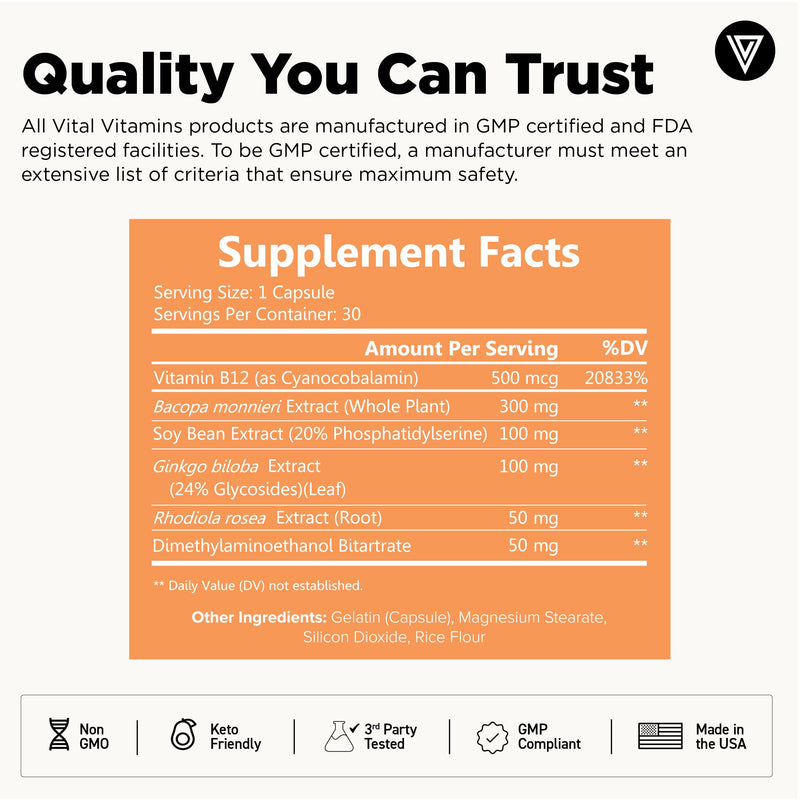 Vital Vitamins Brain Booster Supplements for Memory and Focus, 30 Capsules | Brain Health Support for Adults and Seniors with Bacopa Monnieri & Ginkgo Biloba, Non-GMO, Caffeine-Free & Stimulant-Free 30 Count (Pack of 1)