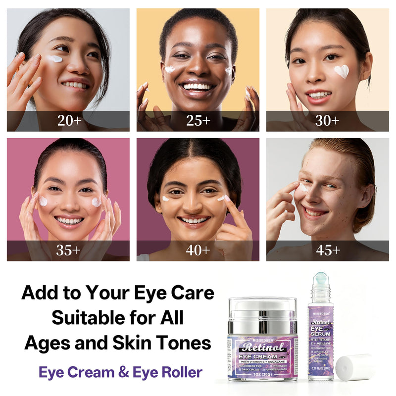 Retinol Eye Cream & Roller Serum Set, 1OZ & 0.27OZ | Retinol, Vitamin E, Squalane, Hyaluronic Acid, For Dark Circles, Eye Bags & Fine Lines
