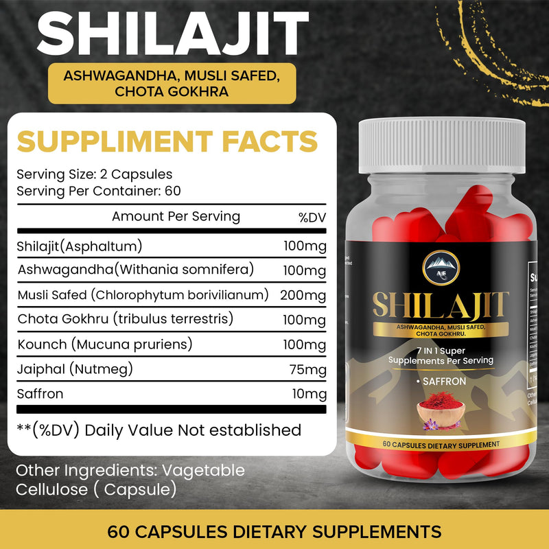 Ultimate Vitality Supplement Shilajit Capsules - Ashwagandha, Musli Safed, Gokhru, Saffron & More - Energy Stamina Stress Relief - 100% Natural Ayurvedic Formula - 60 Capsules