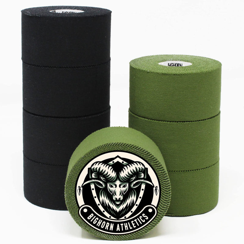 Bighorn Athletics Sports Tape | EZ-Tear Athletic Tape for Wrist, Ankle & Foot Support | Zinc Oxide Infused & Latex-Free Adhesive, Cotton Fabric, 1.5-Inch x 45-Feet, 4 Rolls, Military Green & Black