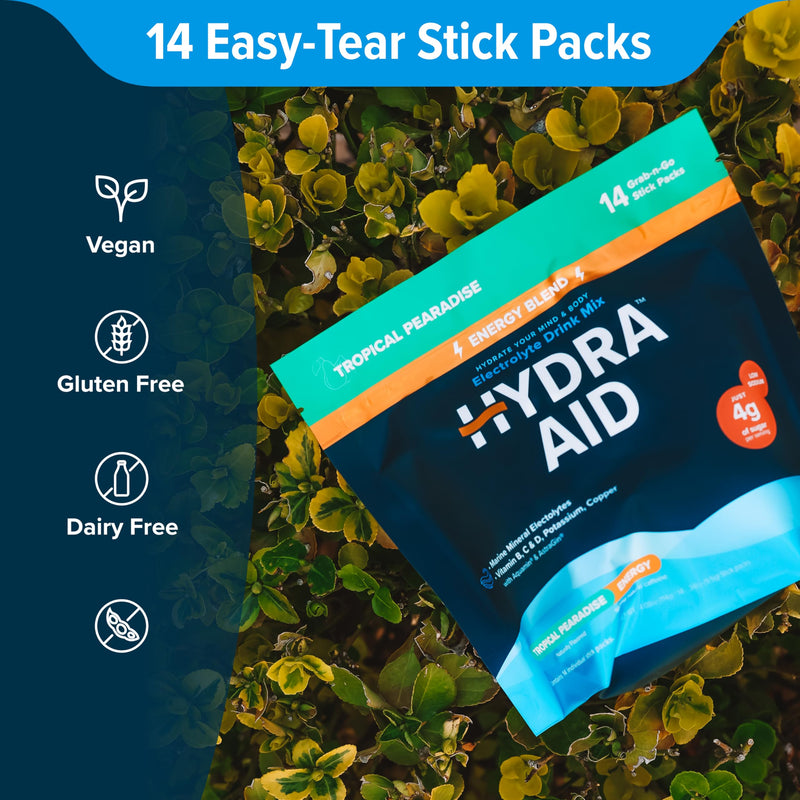 Hydration Energy Powder Drink Mix | Marine-Mineral Electrolytes, Vitamins B C D, Low Sodium | 14 Stick Packs - Tropical Pearadise | Vegan, Non-GMO, Gluten Free 4.76 Ounce (Pack of 1)