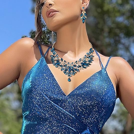 [Australia] - BriLove Wedding Bridal Jewelery Set for Women Crystal Teardrop Marquis Cluster Statement Necklace Dangle Earrings Blue Topaz Color Gold-Tone 