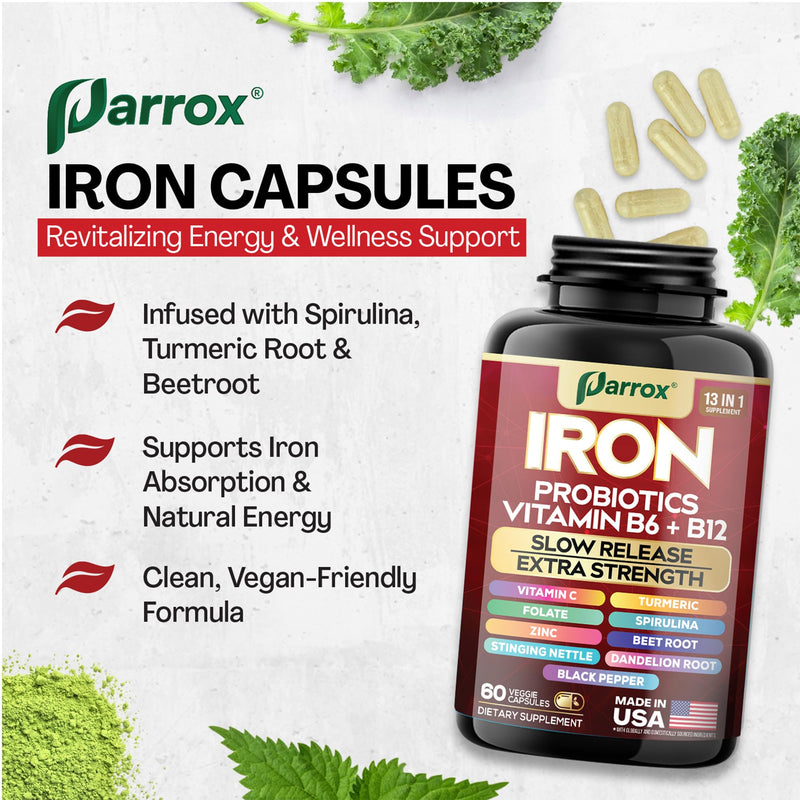 Iron Supplement, Slow Release with Probiotics, Spirulina, 60 Vegan Caps | With Probiotics, Spirulina, Turmeric, Vitamins B6, B12, C, Zinc, Folate, Beetroot, Nettle, Dandelion Root 60 Count (Pack of 1)